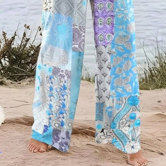 Blue Bohemian Women's Floral Print Ditsy Patchwork High Waist Loose Pants - Picture 2 of 4